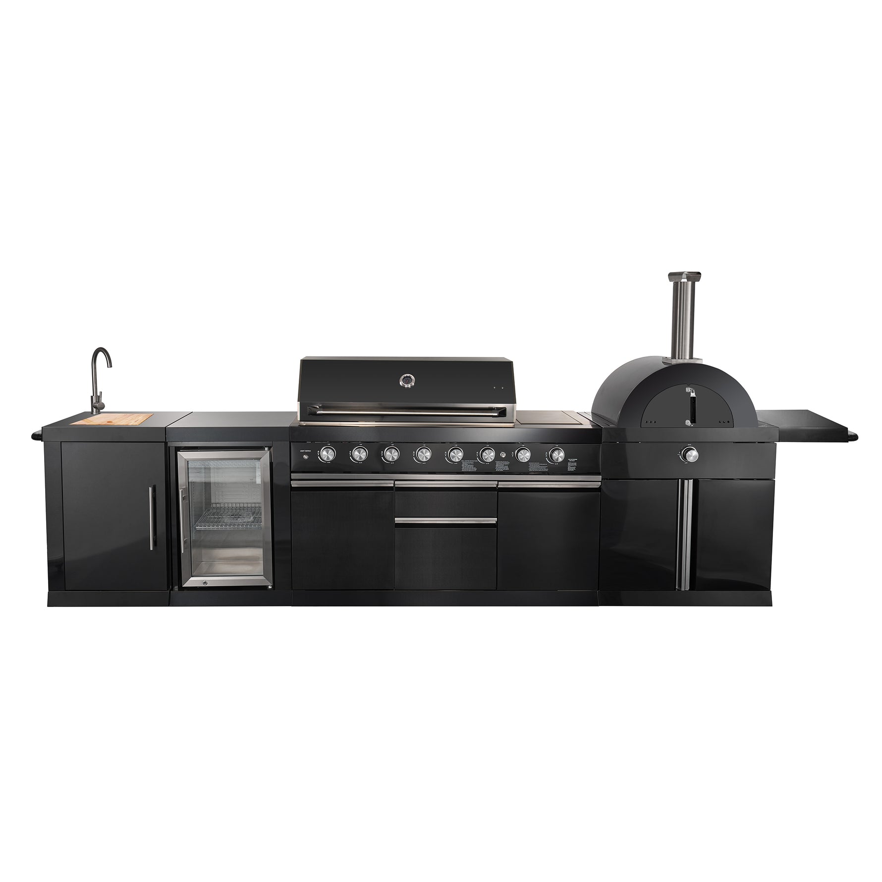 Forno All’Aperto 87,600 BTU Outdoor Kitchen, 4 Burners, Infrared Burners, Side Burner, Black Sintered Stone Countertops, Gas Pizza Oven, Sink Module, Bar & Beverage Center - BonPrix Électroménagers