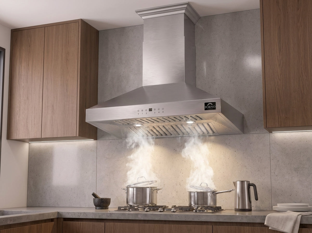 Hotte de cuisine îlot Forno Coppito 30 pouces, Acier inoxydable, Éclairage LED, Vitesses de ventilateur réglables