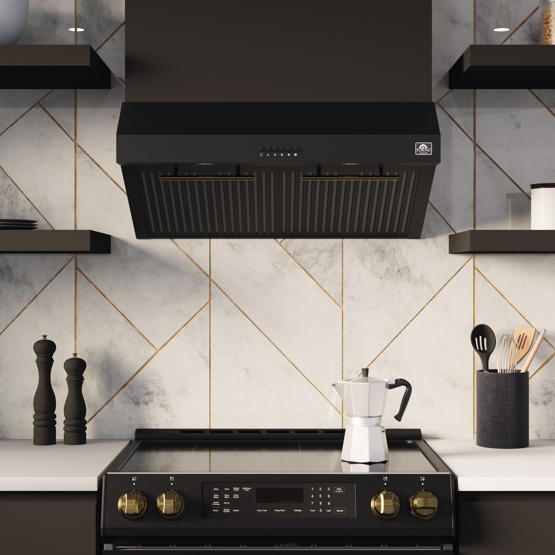 FORNO Premium 2-Piece Kitchen Bundle - Leonardo Espresso 30" Black Range, 30" Black Range Hood - FBDL-002-02CA - BonPrix Électroménagers