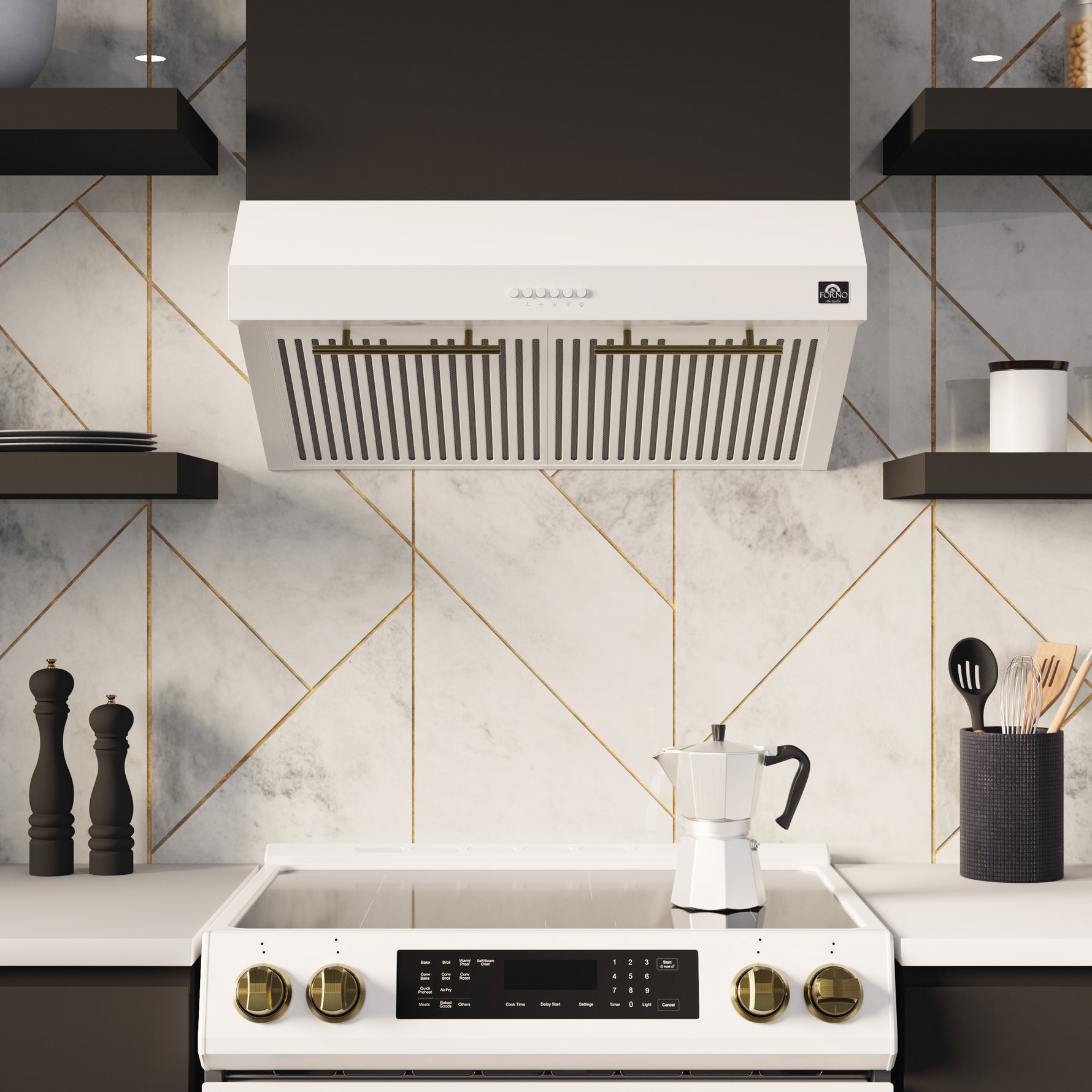 FORNO Premium 4-Piece Kitchen Bundle - Leonardo Espresso 30" White Range, 30" White Range Hood, 31" White Bottom Freezer Refrigerator, 24" White Built-In Dishwasher - FBDL-006-03CA - BonPrix Électroménagers