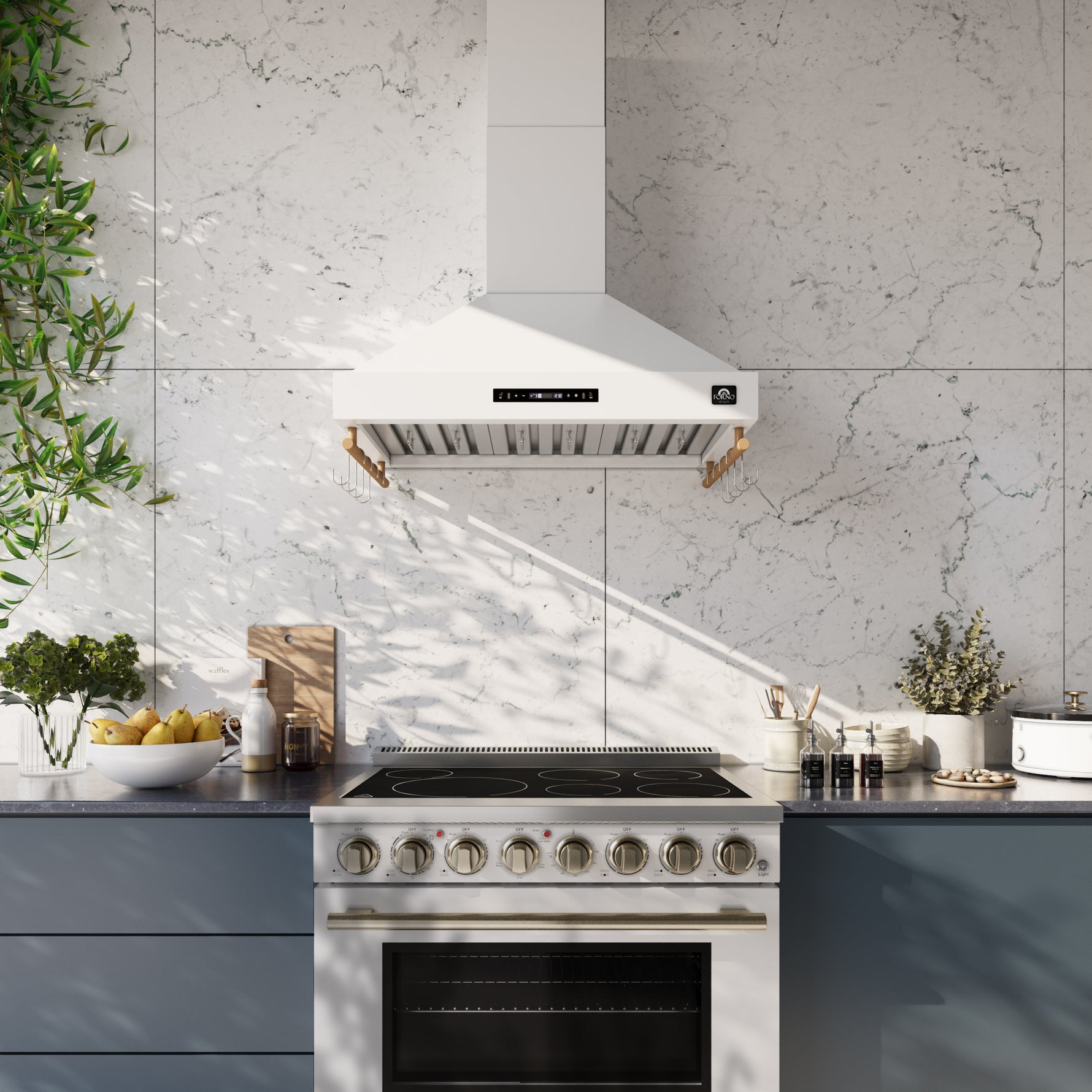 Forno Venezia 36 Inch Wall-Mounted Range Hood in White with Touch Controls and Baffle Filters - BonPrix Électroménagers