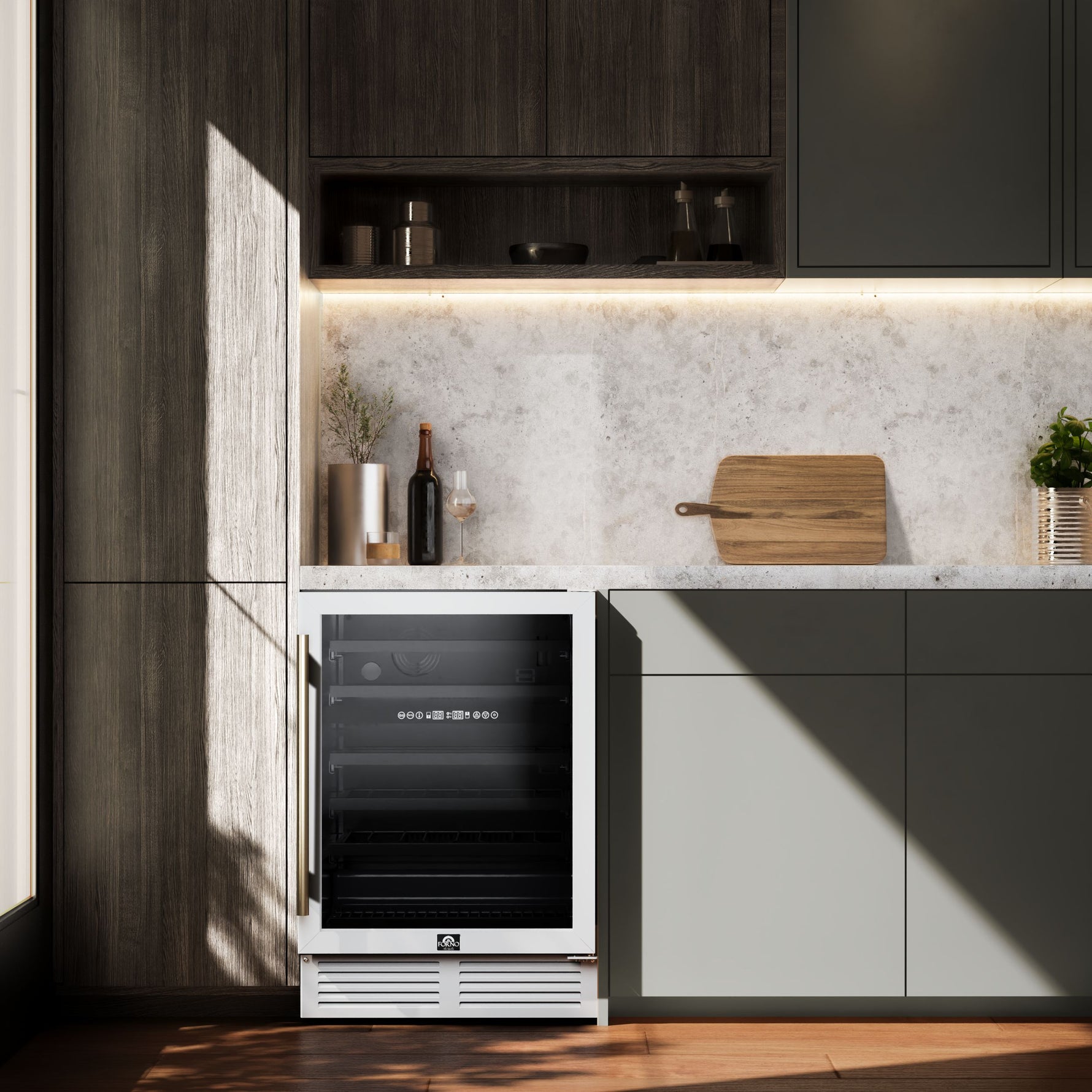Forno Bacchino 24 Inch Wine Cooler, White with Antique Brass Handles, with LED Lighting, Triple Glass Door, 51 Bottle Capacity, Built-In or Freestanding - BonPrix Électroménagers