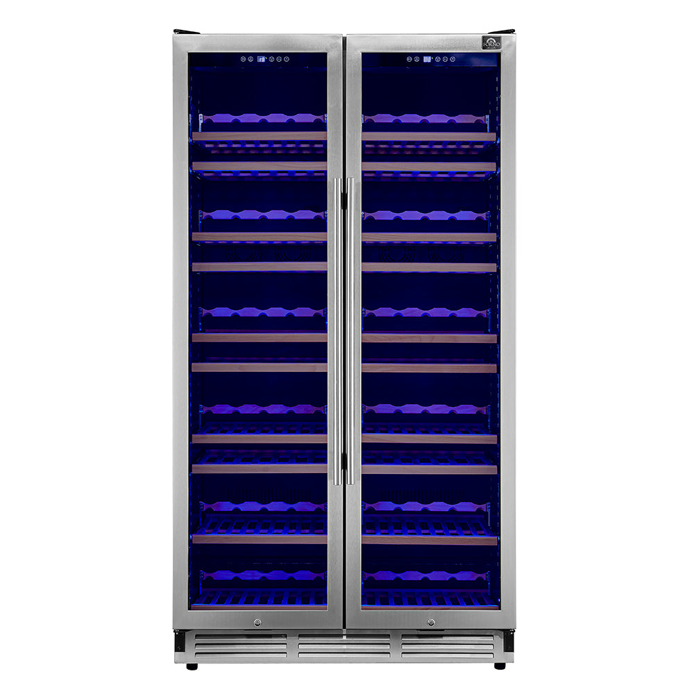 Forno Vernazza 40-Inch Side-by-Side Dual Zone Wine Cellar, 25.07 cu.ft Capacity, Stainless Steel, Temperature Control, UV-Protected Glass Door, Wooden Shelves - BonPrix Électroménagers