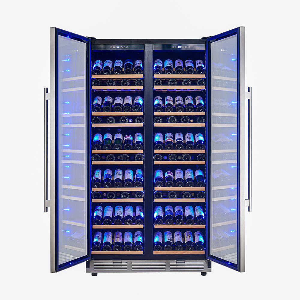 Forno Vernazza 40-Inch Side-by-Side Dual Zone Wine Cellar, 25.07 cu.ft Capacity, Stainless Steel, Temperature Control, UV-Protected Glass Door, Wooden Shelves - BonPrix Électroménagers
