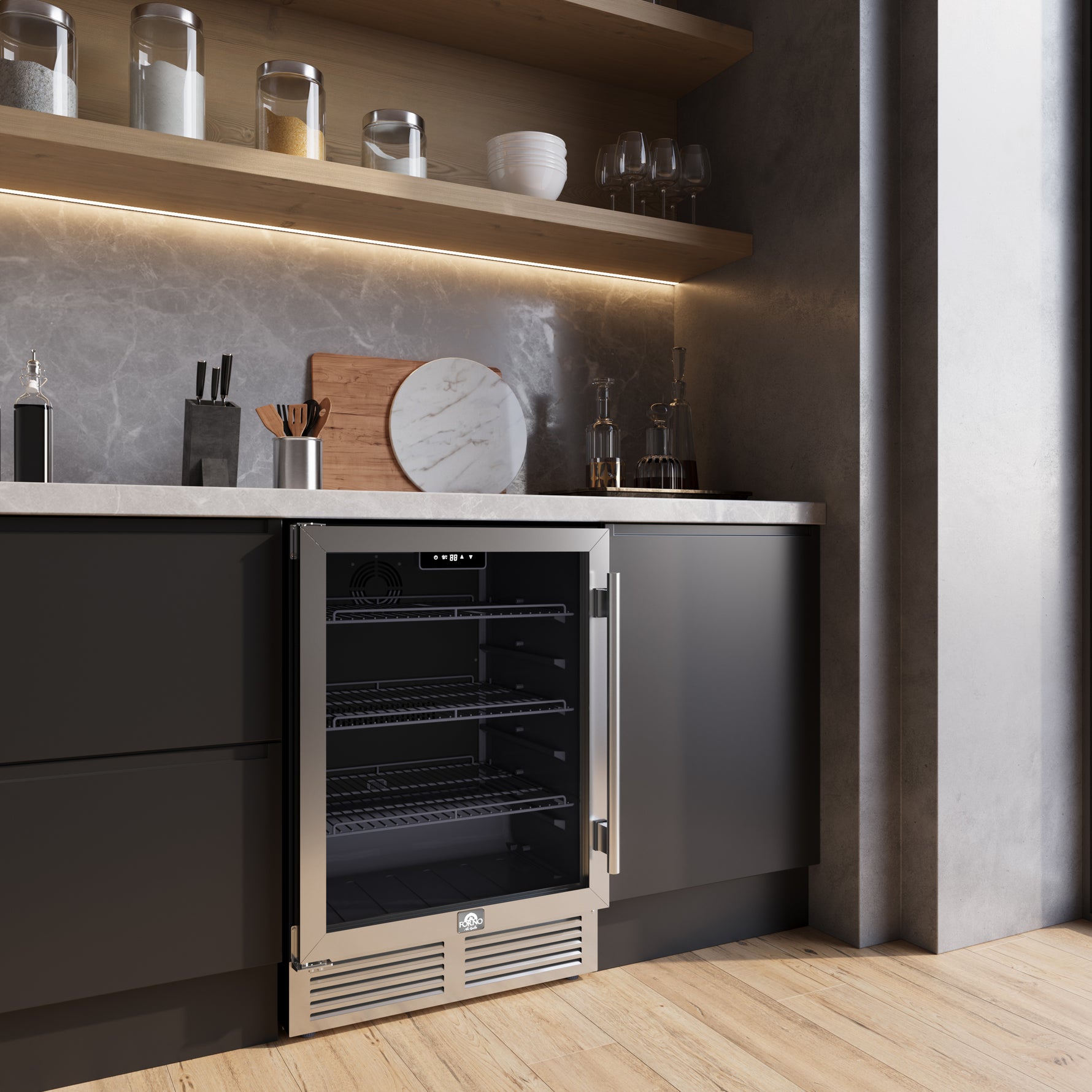 Forno Frescolino 24 Inch Beverage Cooler, Stainless Steel, with LED Lighting, Triple Glass Door, 188 Can Capacity, Built-In or Freestanding - BonPrix Électroménagers