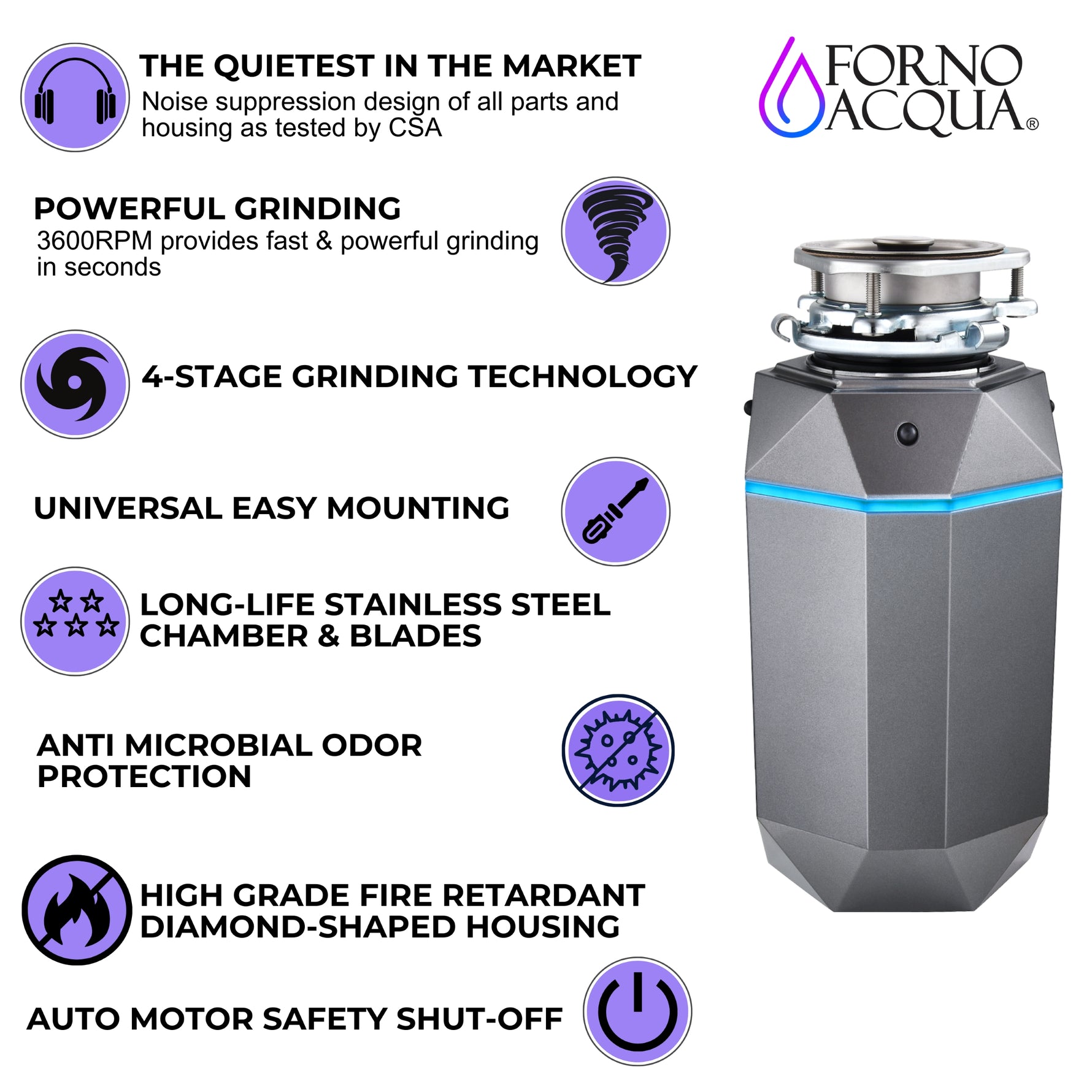 FORNO ACQUA BrightDIAMOND Black Onyx 1HP Super Quiet Garbage Disposal Corded with Motion Sensor Cabinet Light & Pre-Wired Air Switch