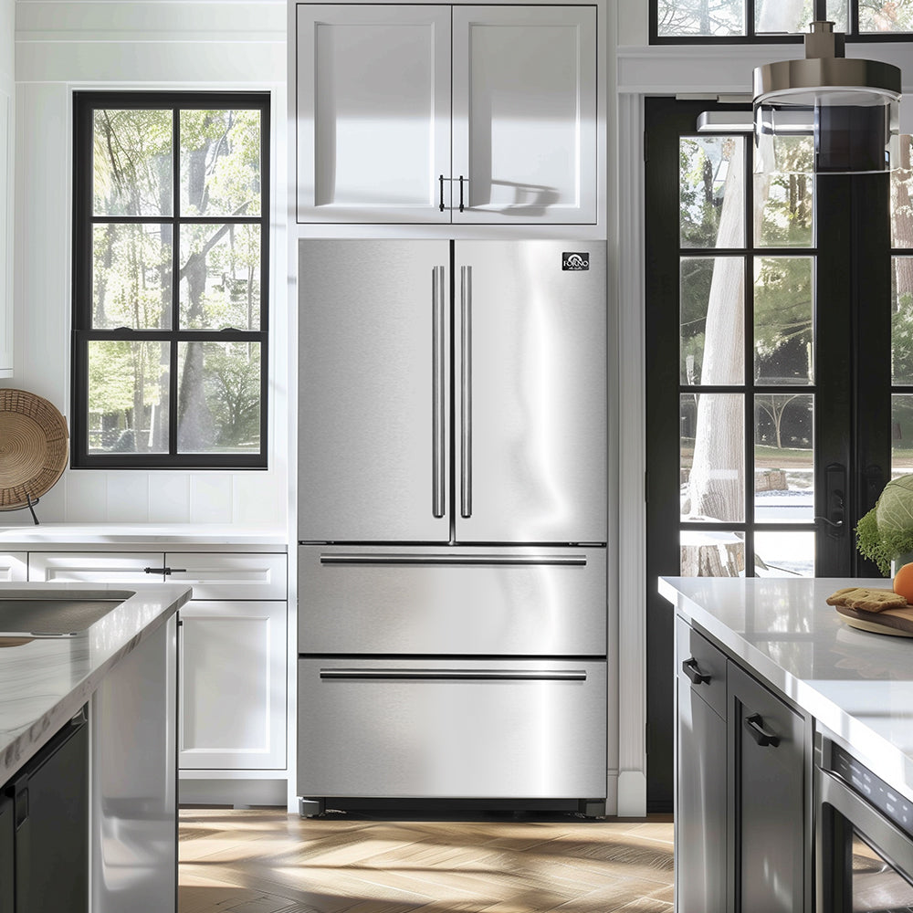 Réfrigérateur à portes françaises Forno Moena de 36 pouces, 19,2 pi³, profondeur de comptoir, machine à glace, panneau intérieur en acier inoxydable, certifié ENERGY STAR