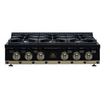Valente 36" Gas Cooktop in Black, 6 Sealed burners, 71,000 BUT Output, 1 Antique Brass Dual-Ring Burner, Continuous Cast Iron Grates