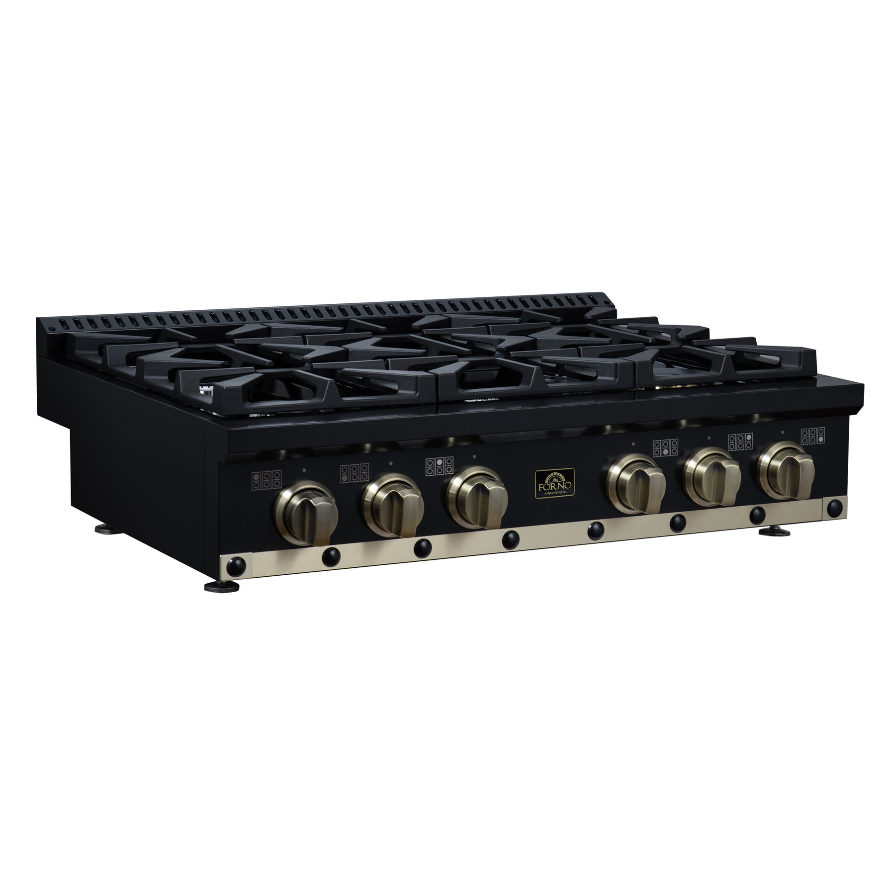 Valente 36" Gas Cooktop in Black, 6 Sealed burners, 71,000 BUT Output, 1 Antique Brass Dual-Ring Burner, Continuous Cast Iron Grates