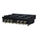 Valente 36" Gas Cooktop in Black, 6 Sealed burners, 71,000 BUT Output, 1 Antique Brass Dual-Ring Burner, Continuous Cast Iron Grates