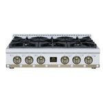 Valente 36" Gas Cooktop in White, 6 Sealed burners, 71,000 BUT Output, 1 Antique Brass Dual-Ring Burner, Continuous Cast Iron Grates