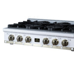 Valente 36" Gas Cooktop in White, 6 Sealed burners, 71,000 BUT Output, 1 Antique Brass Dual-Ring Burner, Continuous Cast Iron Grates