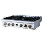 Valente 36" Gas Cooktop in White, 6 Sealed burners, 71,000 BUT Output, 1 Antique Brass Dual-Ring Burner, Continuous Cast Iron Grates
