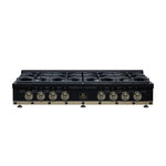 Valente 48" Gas Cooktop in Black, 8 Sealed burners, 94,000 BUT Output, 2 Antique Brass Dual-Ring Burners, Continuous Cast Iron Grates