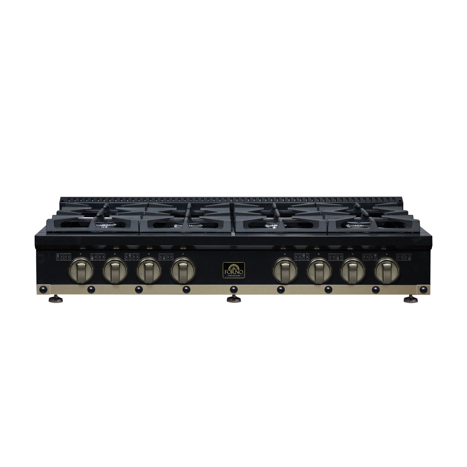 Valente 48" Gas Cooktop in Black, 8 Sealed burners, 94,000 BUT Output, 2 Antique Brass Dual-Ring Burners, Continuous Cast Iron Grates