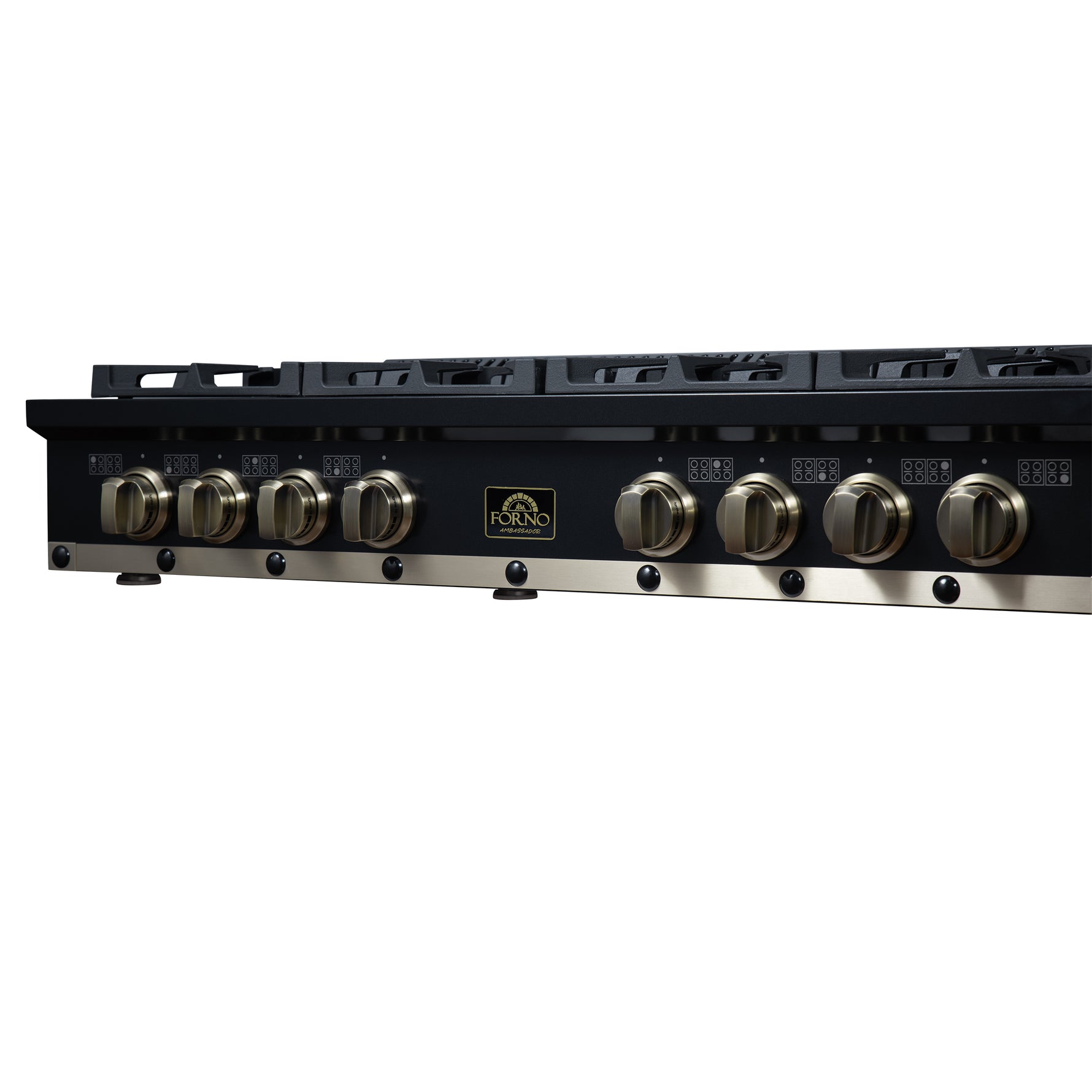 Valente 48" Gas Cooktop in Black, 8 Sealed burners, 94,000 BUT Output, 2 Antique Brass Dual-Ring Burners, Continuous Cast Iron Grates