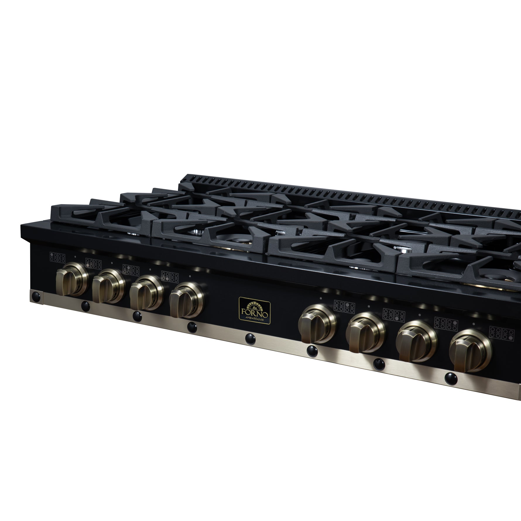 Valente 48" Gas Cooktop in Black, 8 Sealed burners, 94,000 BUT Output, 2 Antique Brass Dual-Ring Burners, Continuous Cast Iron Grates