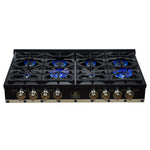 Valente 48" Gas Cooktop in Black, 8 Sealed burners, 94,000 BUT Output, 2 Antique Brass Dual-Ring Burners, Continuous Cast Iron Grates