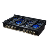 Valente 48" Gas Cooktop in Black, 8 Sealed burners, 94,000 BUT Output, 2 Antique Brass Dual-Ring Burners, Continuous Cast Iron Grates