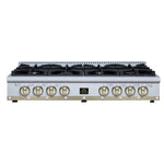 Valente 48" Gas Cooktop in White, 8 Sealed burners, 94,000 BUT Output, 2 Antique Brass Dual-Ring Burners, Continuous Cast Iron Grates
