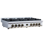 Valente 48" Gas Cooktop in White, 8 Sealed burners, 94,000 BUT Output, 2 Antique Brass Dual-Ring Burners, Continuous Cast Iron Grates