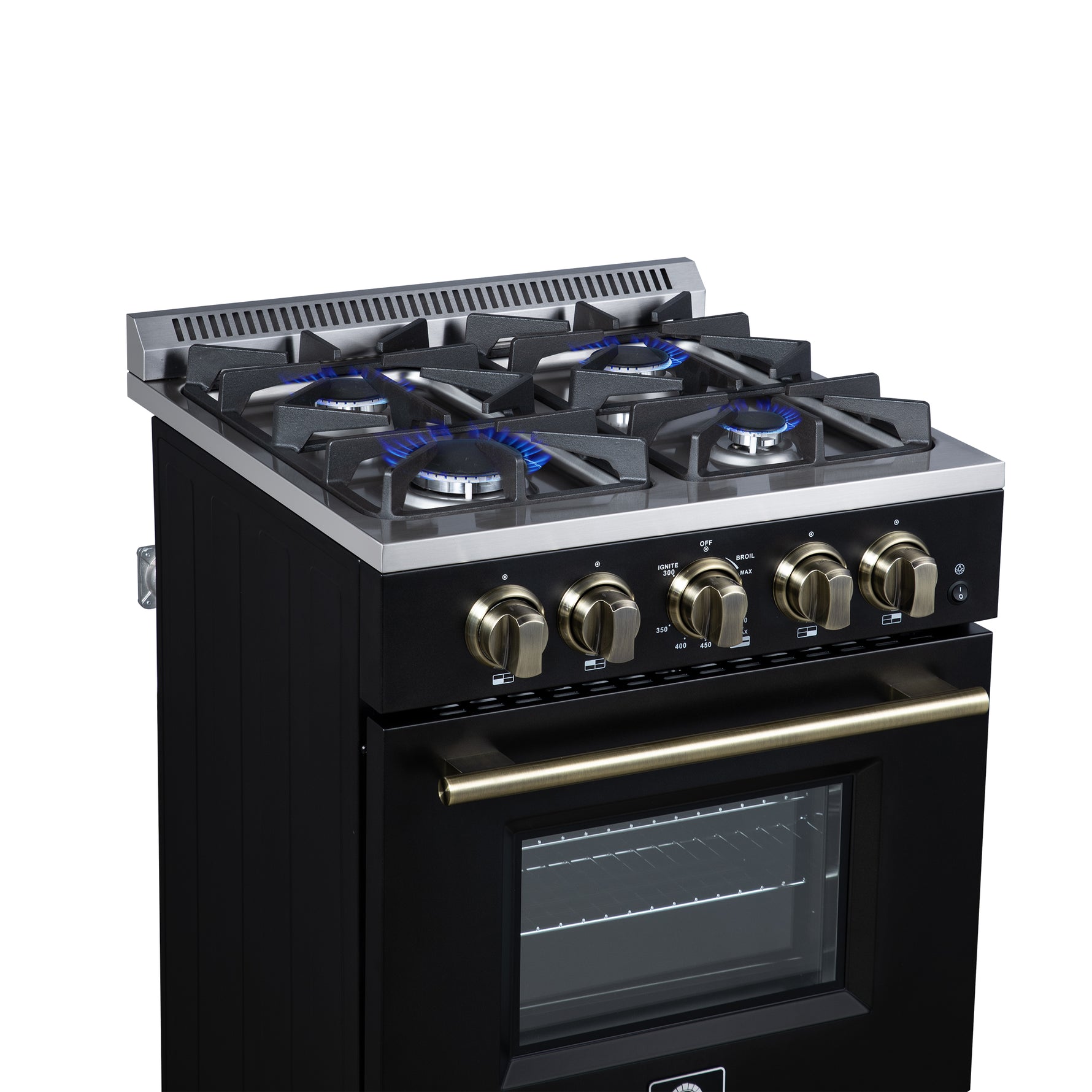Forno Breno 24 Inch Freestanding Gas Range in Black with Antique Brass, Compact Design - BonPrix Électroménagers