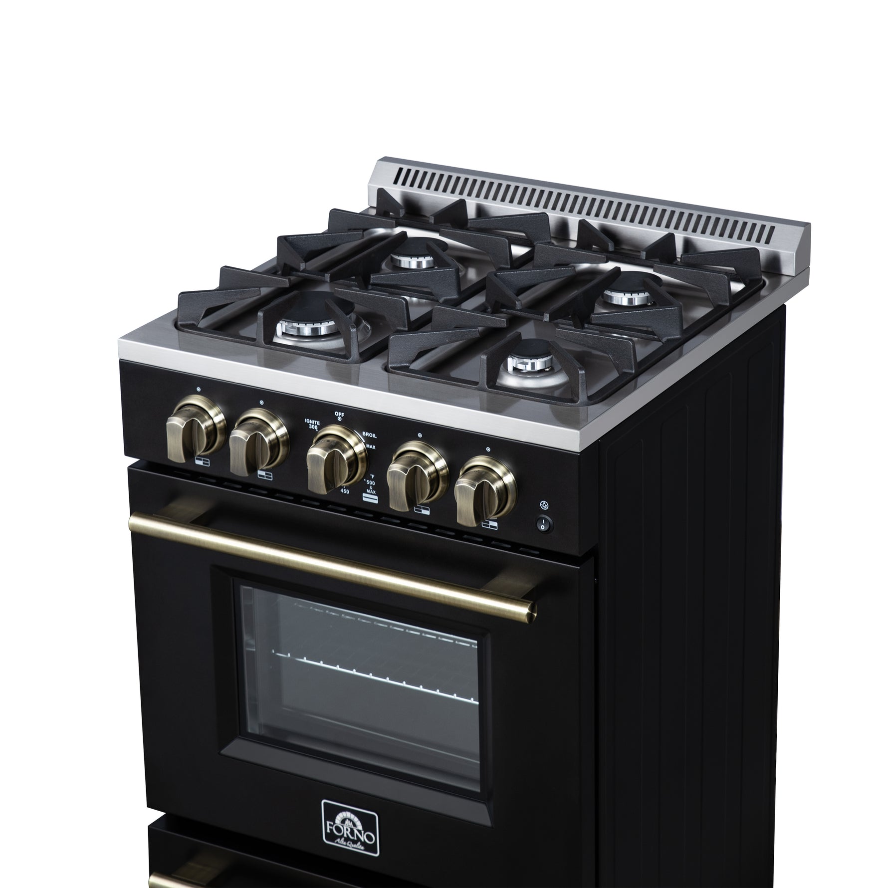 Forno Breno 24 Inch Freestanding Gas Range in Black with Antique Brass, Compact Design - BonPrix Électroménagers