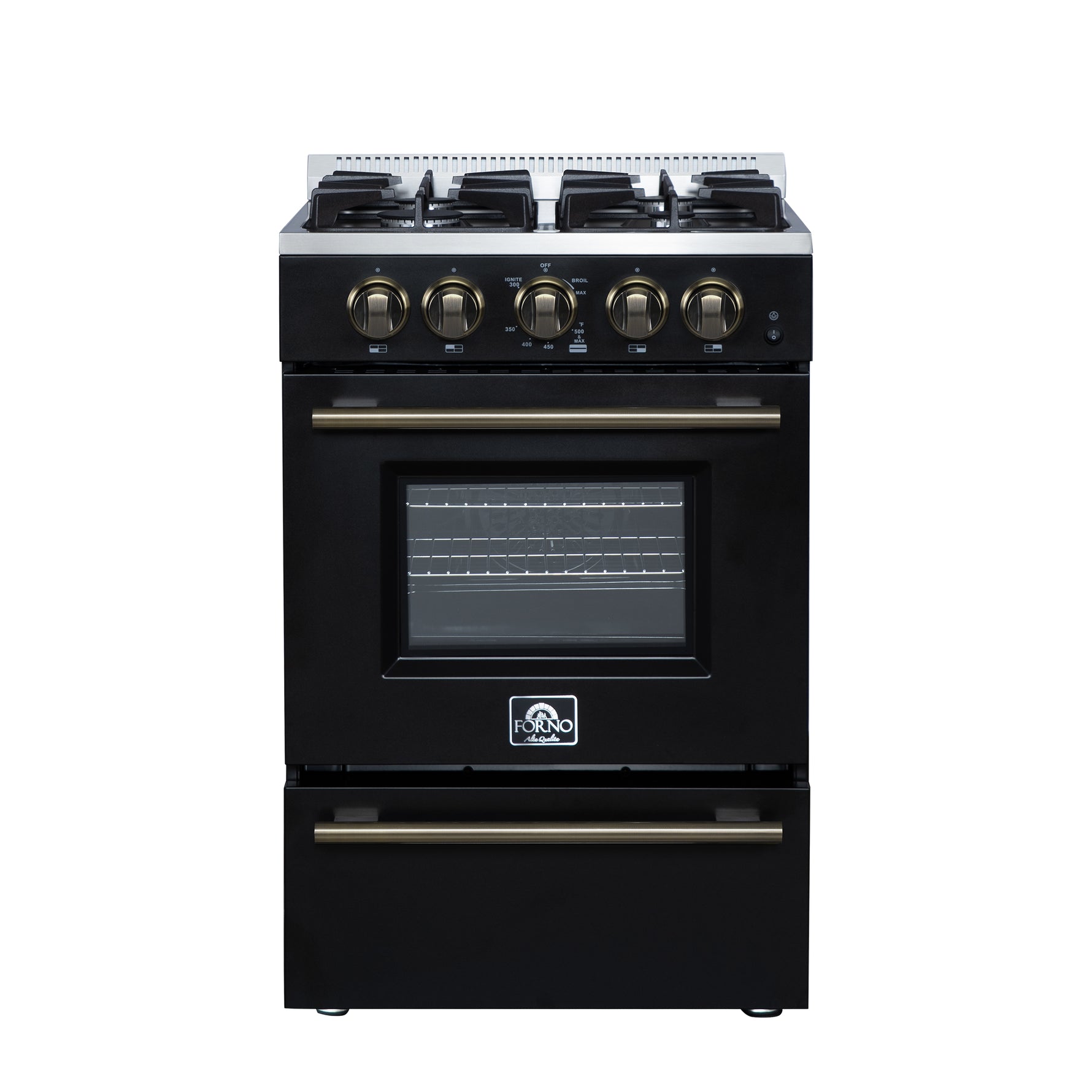 Forno Breno 24 Inch Freestanding Gas Range in Black with Antique Brass, Compact Design - BonPrix Électroménagers