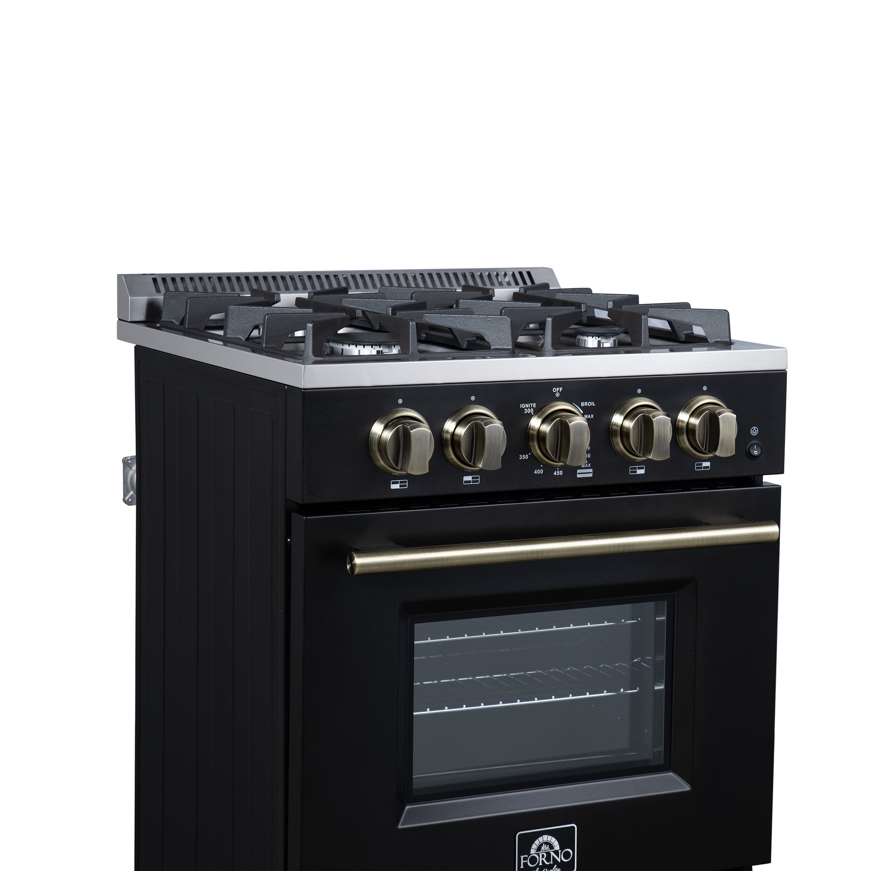 Forno Breno 24 Inch Freestanding Gas Range in Black with Antique Brass, Compact Design - BonPrix Électroménagers