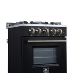 Forno Breno 24 Inch Freestanding Gas Range in Black with Antique Brass, Compact Design - BonPrix Électroménagers