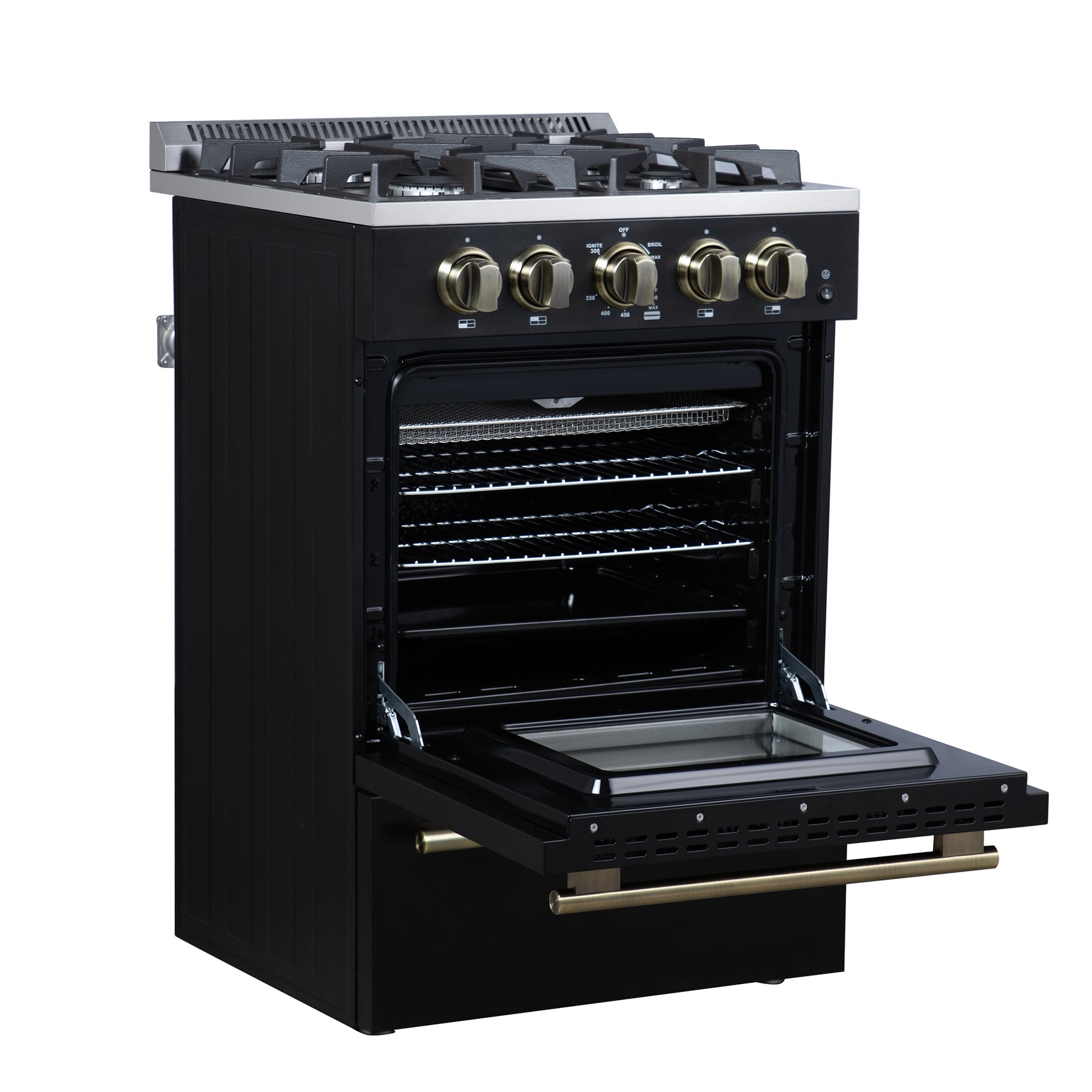 Forno Breno 24 Inch Freestanding Gas Range in Black with Antique Brass, Compact Design - BonPrix Électroménagers