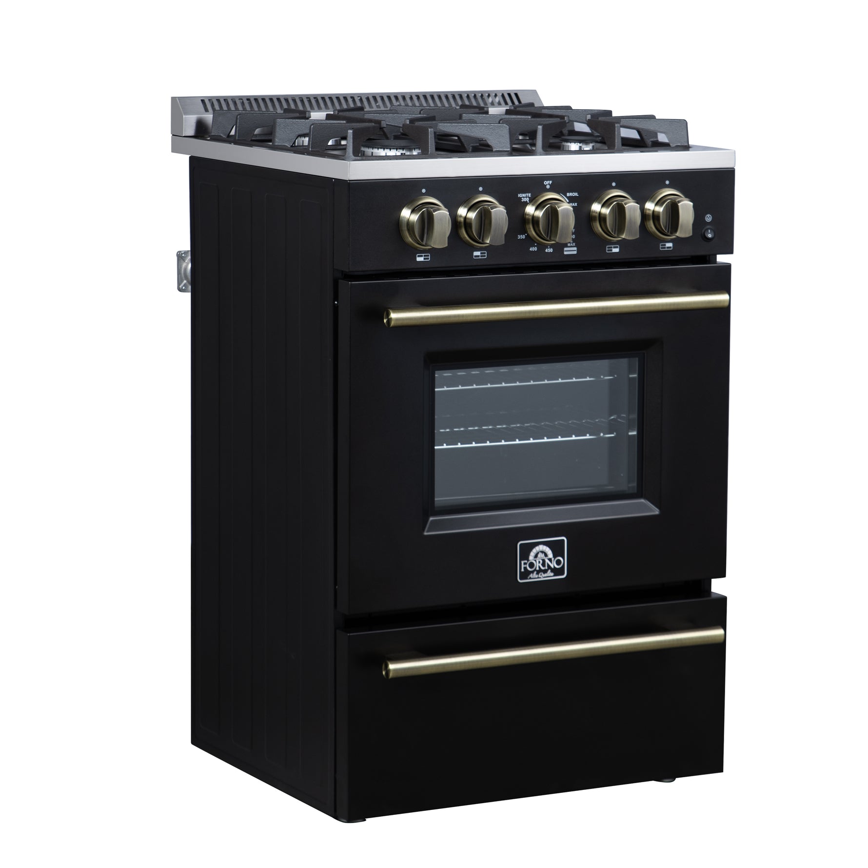 Forno Breno 24 Inch Freestanding Gas Range in Black with Antique Brass, Compact Design - BonPrix Électroménagers