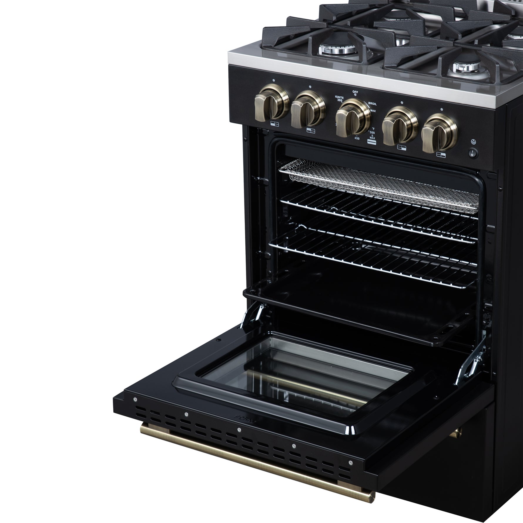 Forno Breno 24 Inch Freestanding Gas Range in Black with Antique Brass, Compact Design - BonPrix Électroménagers