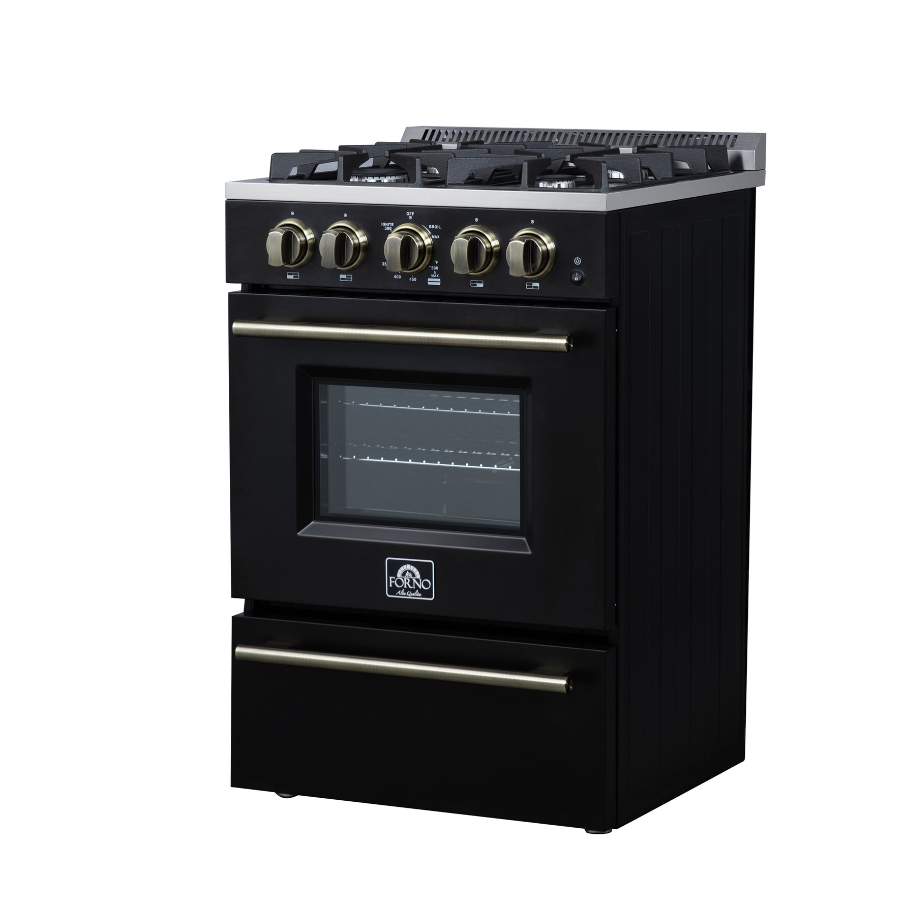 Forno Breno 24 Inch Freestanding Gas Range in Black with Antique Brass, Compact Design - BonPrix Électroménagers