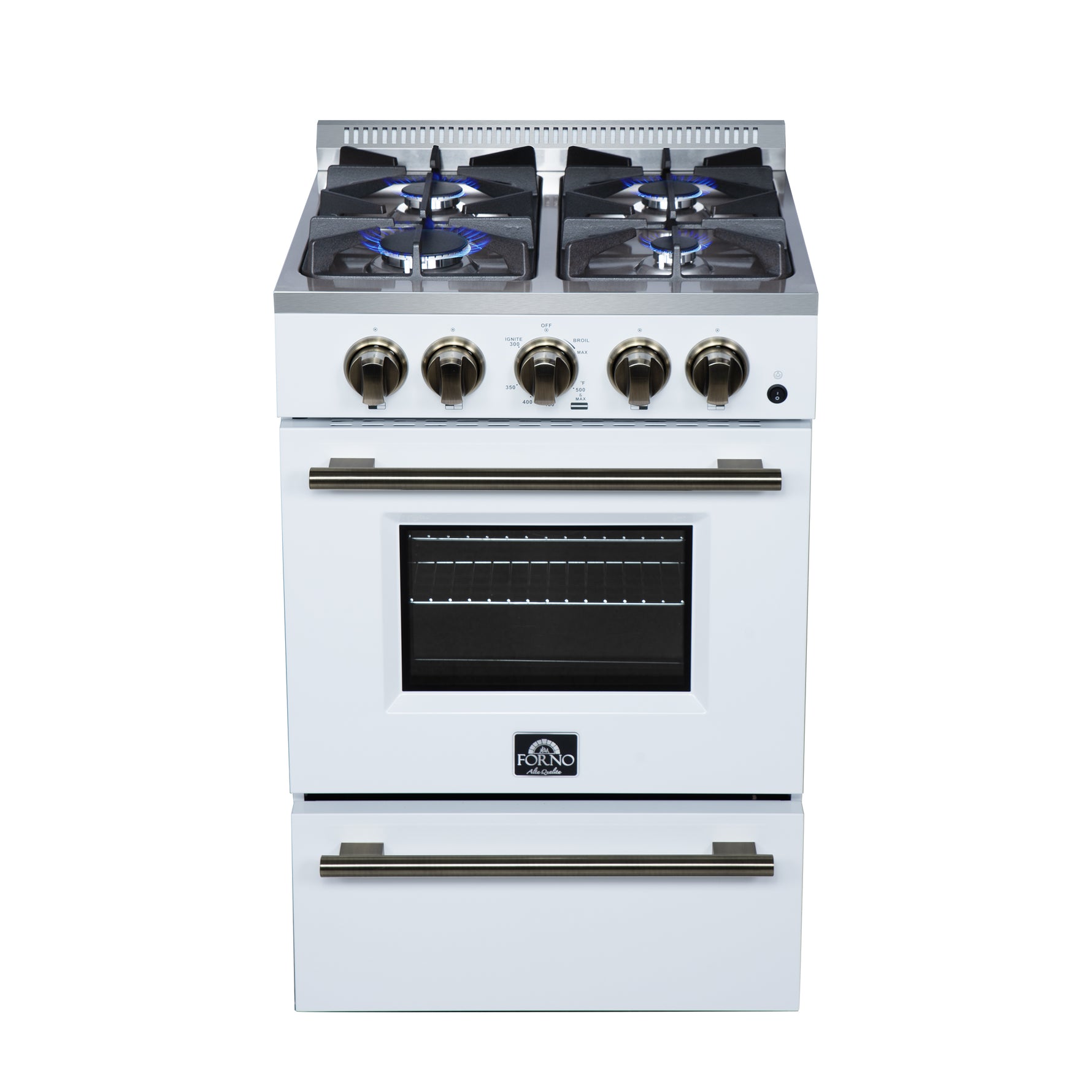 Forno Breno 24 Inch Freestanding Gas Range in White with Antique Brass, Compact Design - BonPrix Électroménagers