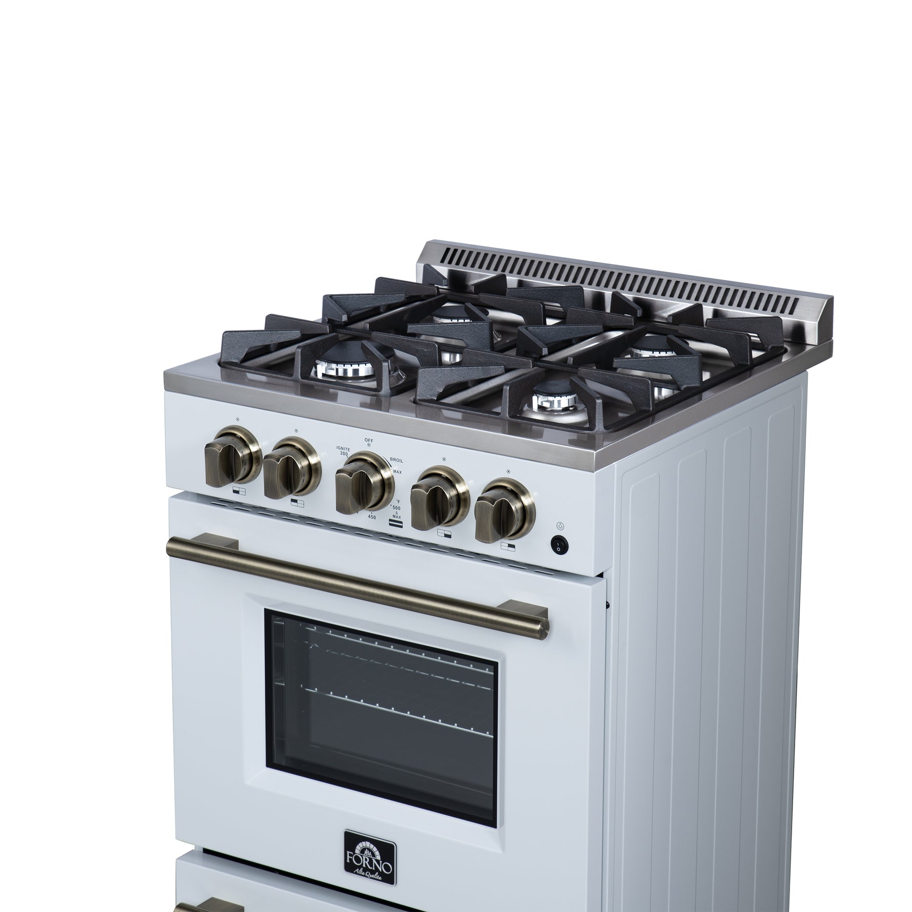 Forno Breno 24 Inch Freestanding Gas Range in White with Antique Brass, Compact Design - BonPrix Électroménagers