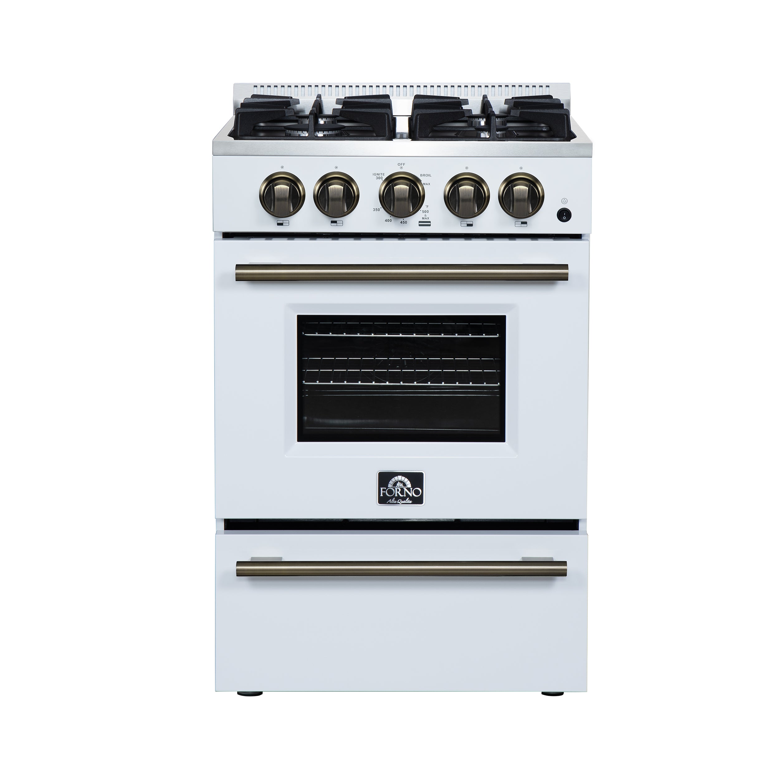 Forno Breno 24 Inch Freestanding Gas Range in White with Antique Brass, Compact Design - BonPrix Électroménagers