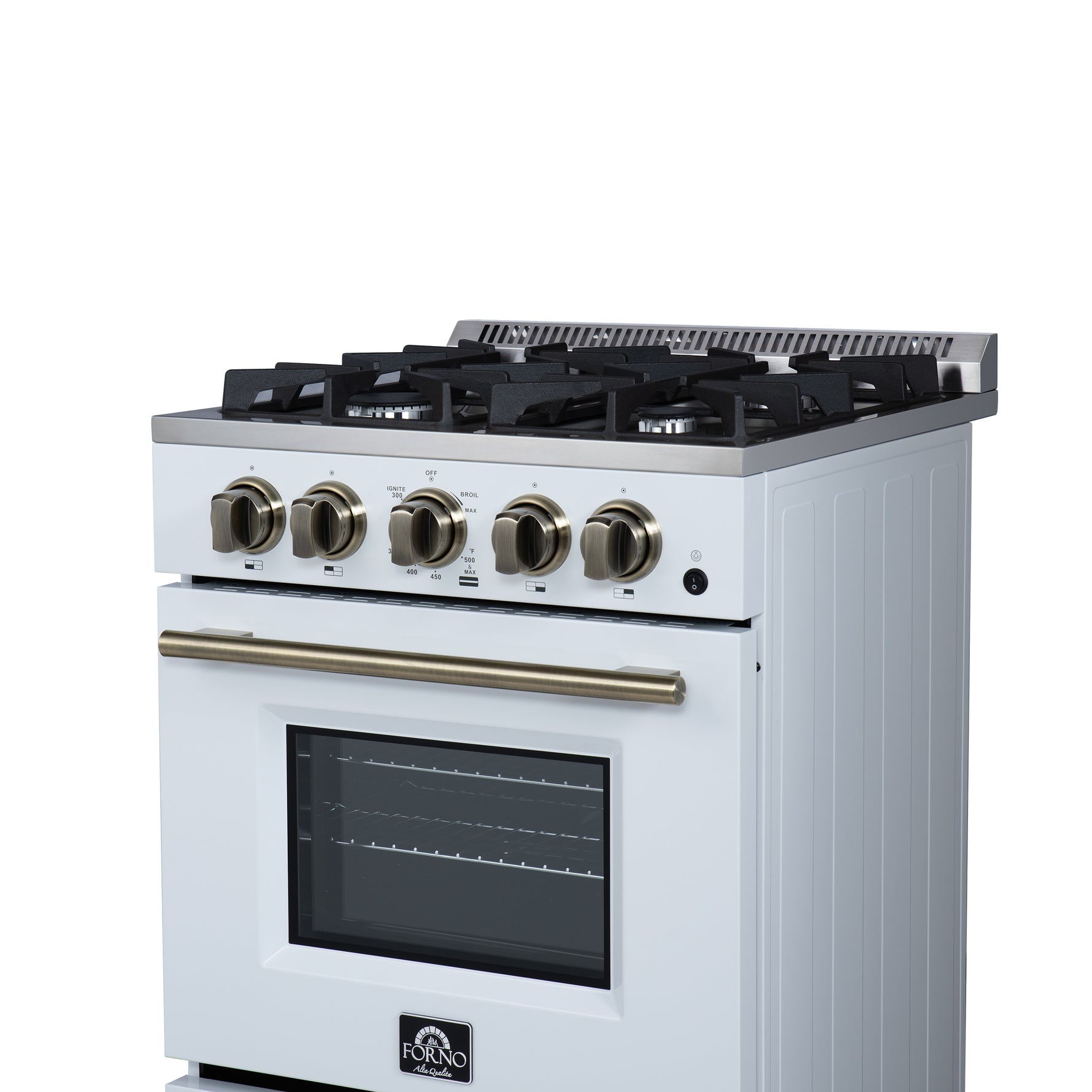 Forno Breno 24 Inch Freestanding Gas Range in White with Antique Brass, Compact Design - BonPrix Électroménagers