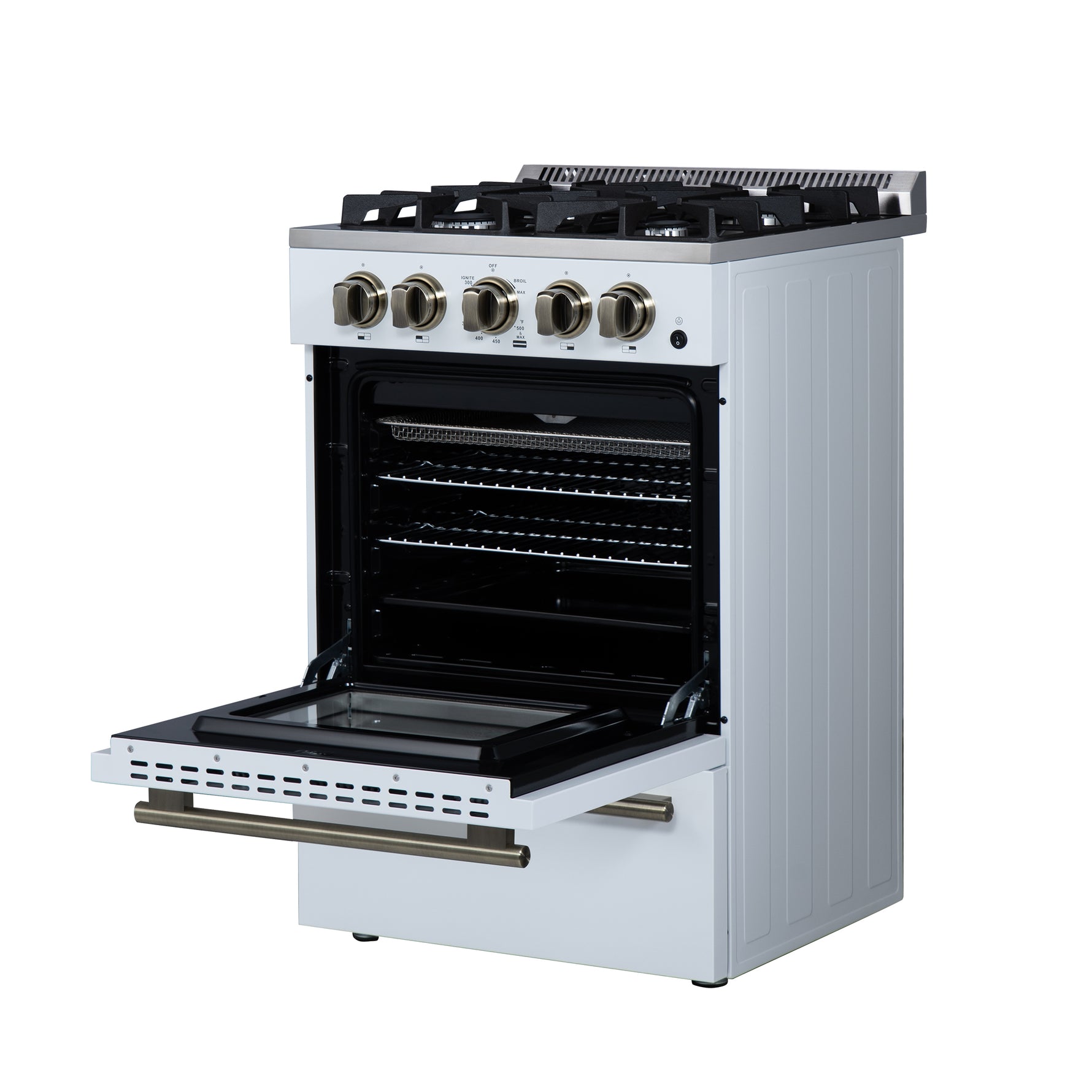 Forno Breno 24 Inch Freestanding Gas Range in White with Antique Brass, Compact Design - BonPrix Électroménagers