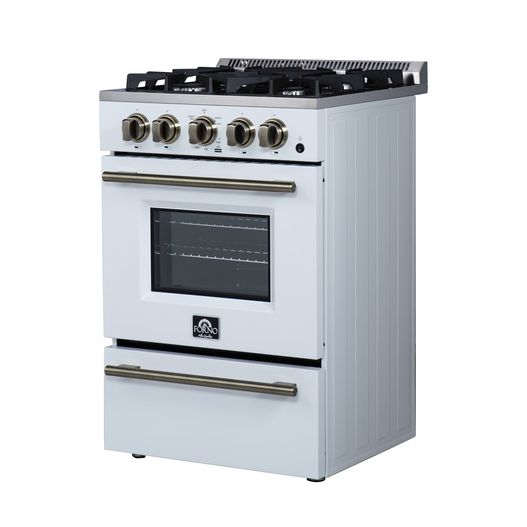 Forno Breno 24 Inch Freestanding Gas Range in White with Antique Brass, Compact Design - BonPrix Électroménagers