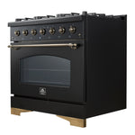 Forno Antico Cuisinière à Gaz Autonome de 36 Pouces, Noir, Design en Laiton Antique, 6 Brûleurs, Four à Convection, Économe en Énergie
