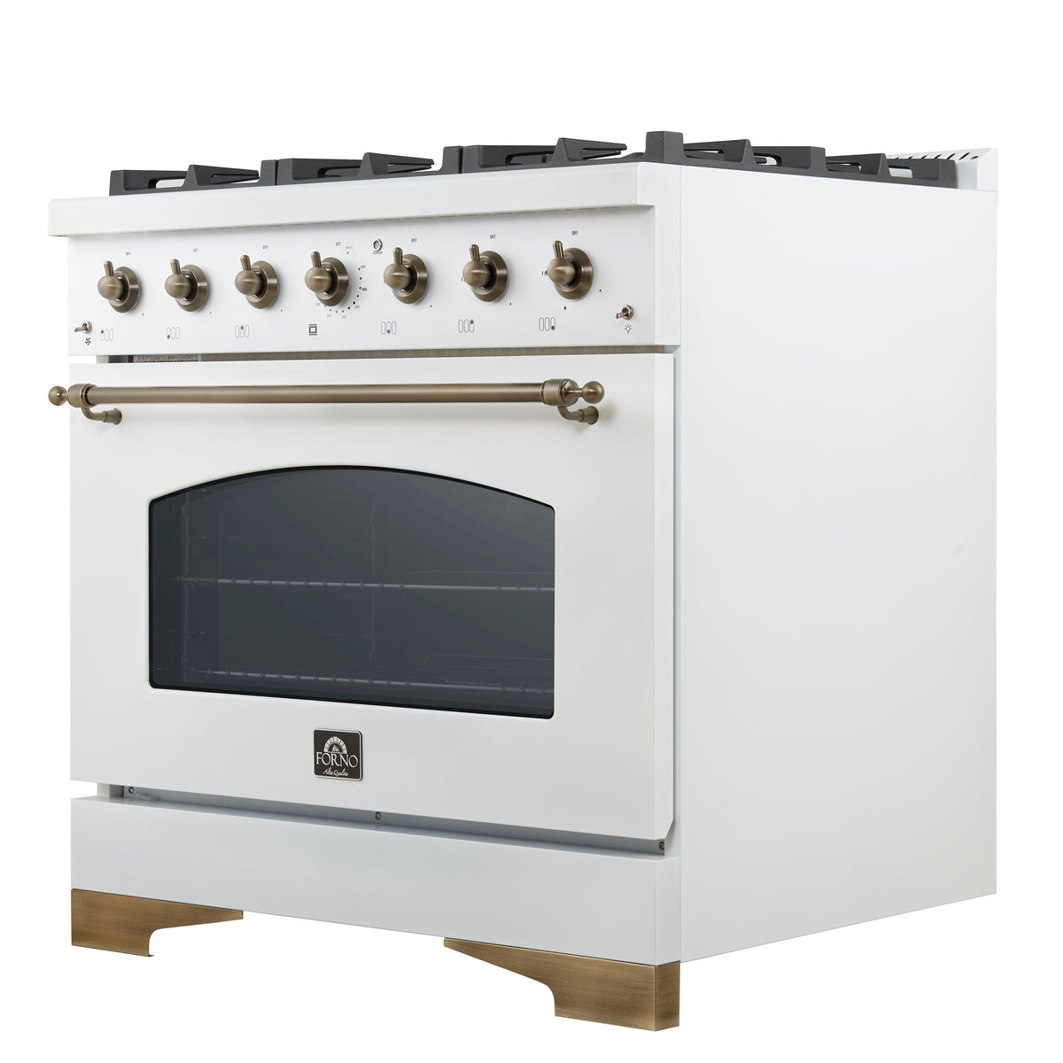 Forno Antico Cuisinière à Gaz Autonome de 36 Pouces, Blanche, Design en Laiton Antique, 6 Brûleurs, Four à Convection, Économe en Énergie