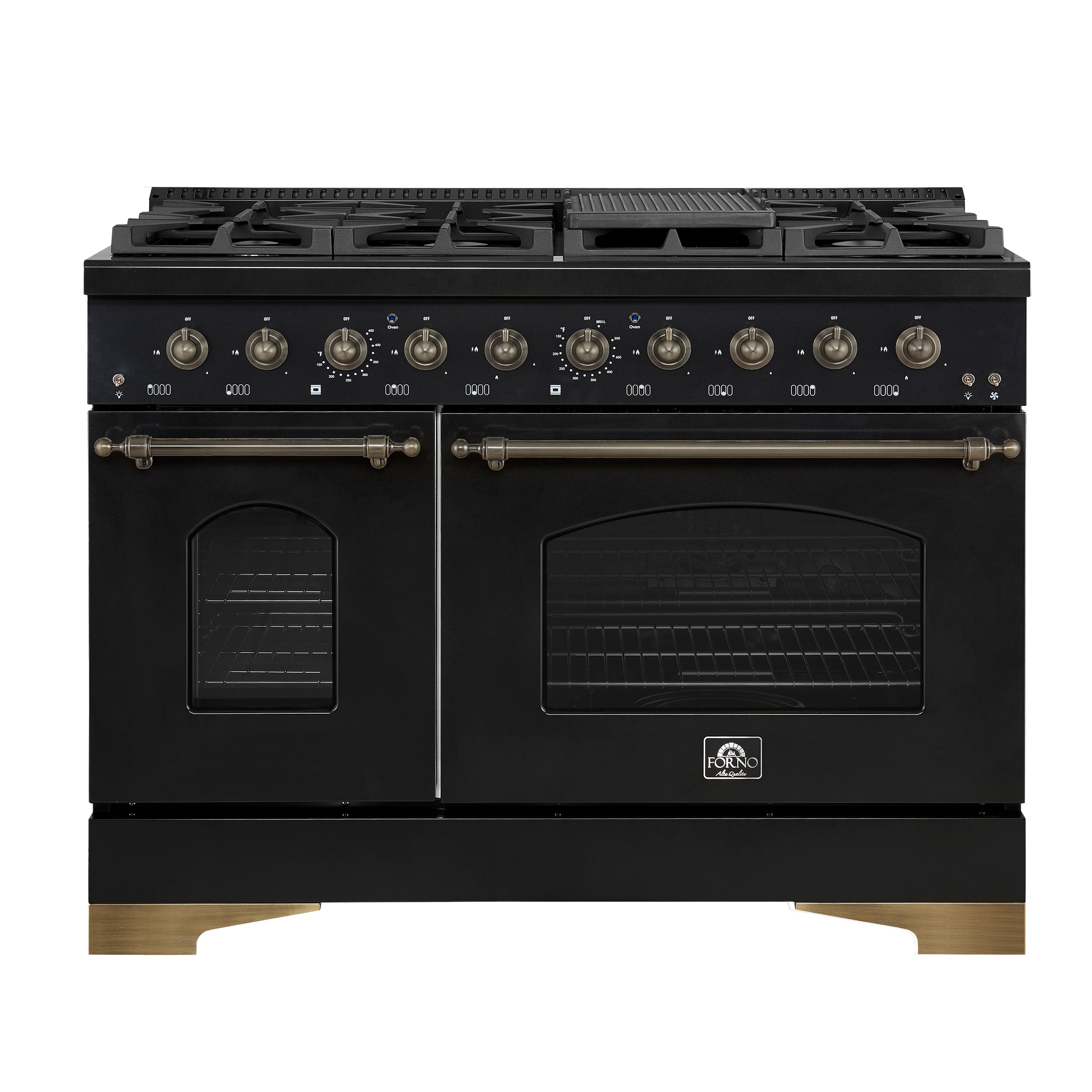 Forno Antico Cuisinière à Gaz Autonome de 48 Pouces, Noir, Design en Laiton Antique, 8 Brûleurs, Plaque de Cuisson, Fours Doubles, Énergétiquement Efficace