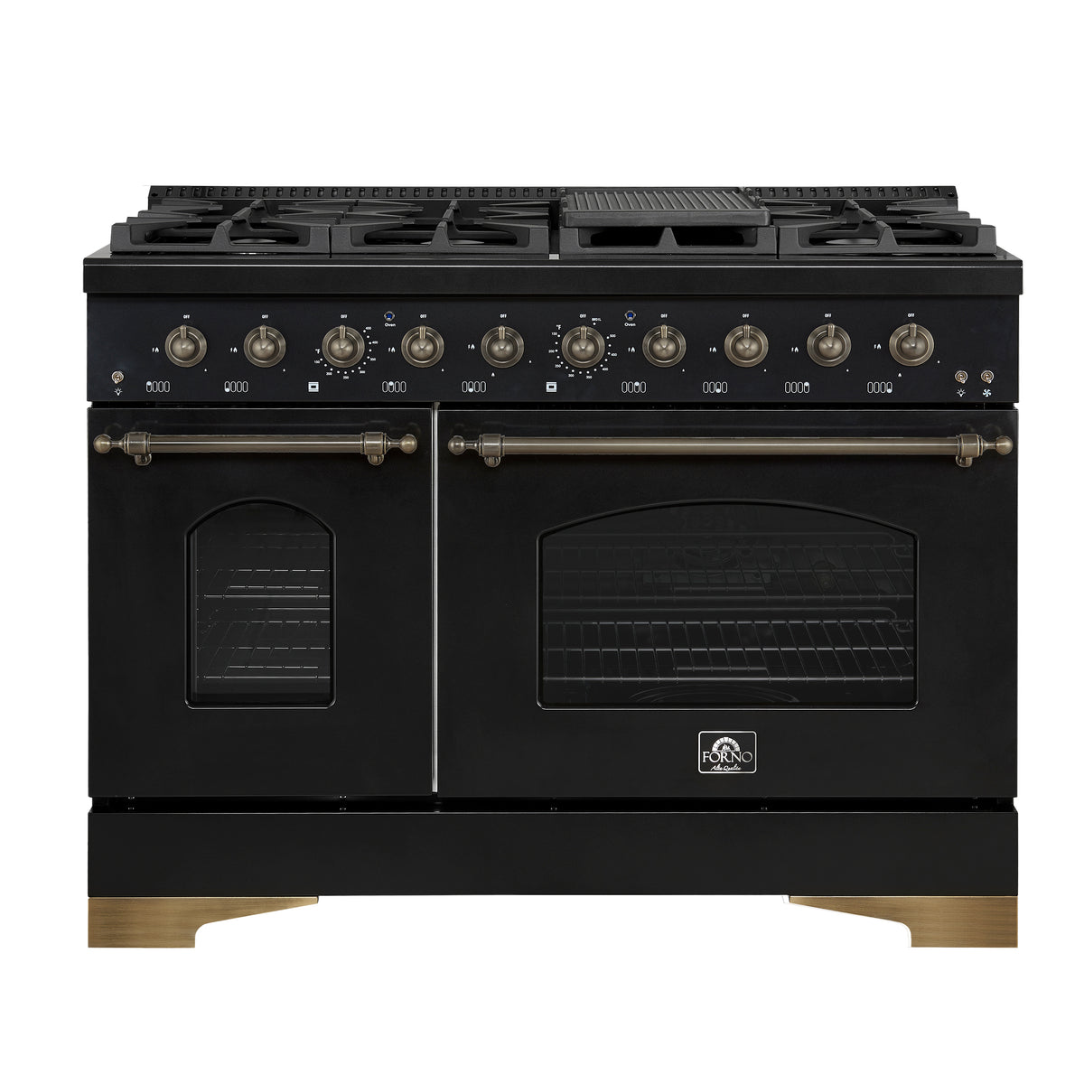 Forno Antico Cuisinière à Gaz Autonome de 48 Pouces, Noir, Design en Laiton Antique, 8 Brûleurs, Plaque de Cuisson, Fours Doubles, Énergétiquement Efficace