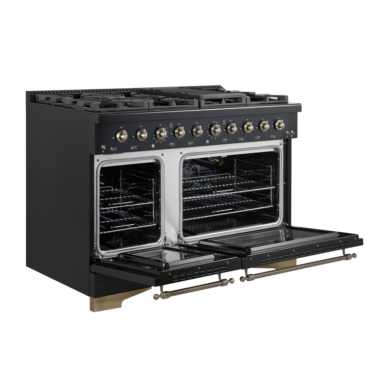 Forno Antico Cuisinière à Gaz Autonome de 48 Pouces, Noir, Design en Laiton Antique, 8 Brûleurs, Plaque de Cuisson, Fours Doubles, Énergétiquement Efficace