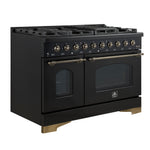 Forno Antico Cuisinière à Gaz Autonome de 48 Pouces, Noir, Design en Laiton Antique, 8 Brûleurs, Plaque de Cuisson, Fours Doubles, Énergétiquement Efficace