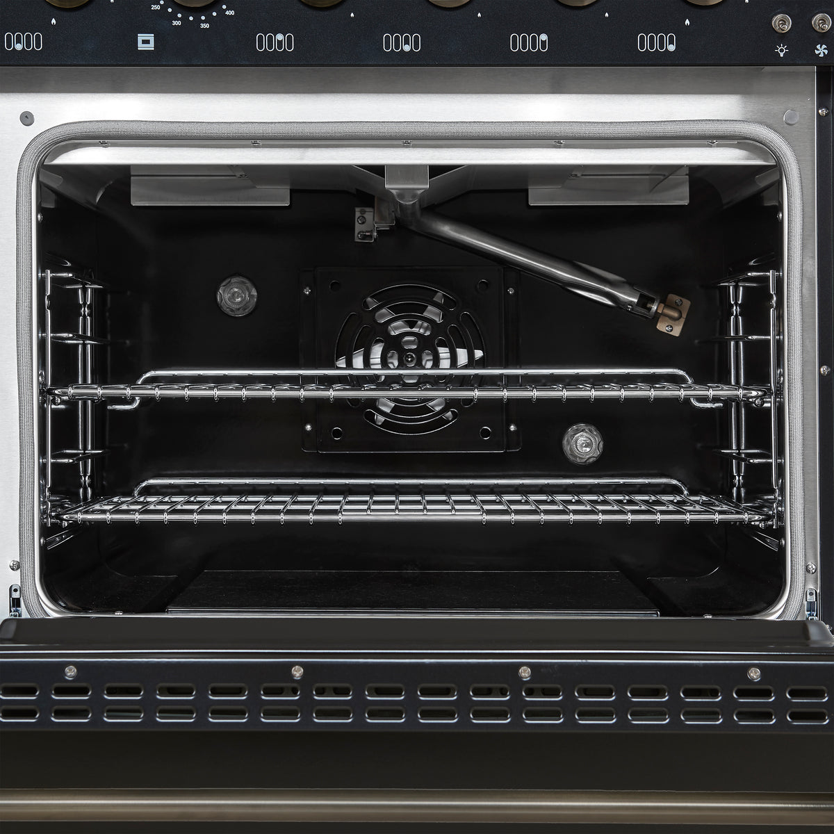 Forno Antico Cuisinière à Gaz Autonome de 48 Pouces, Noir, Design en Laiton Antique, 8 Brûleurs, Plaque de Cuisson, Fours Doubles, Énergétiquement Efficace