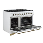 Forno Antico Cuisinière à Gaz Autonome de 48 Pouces, Blanche, Design en Laiton Antique, 8 Brûleurs, Plaque de Cuisson, Fours Doubles, Énergétiquement Efficace