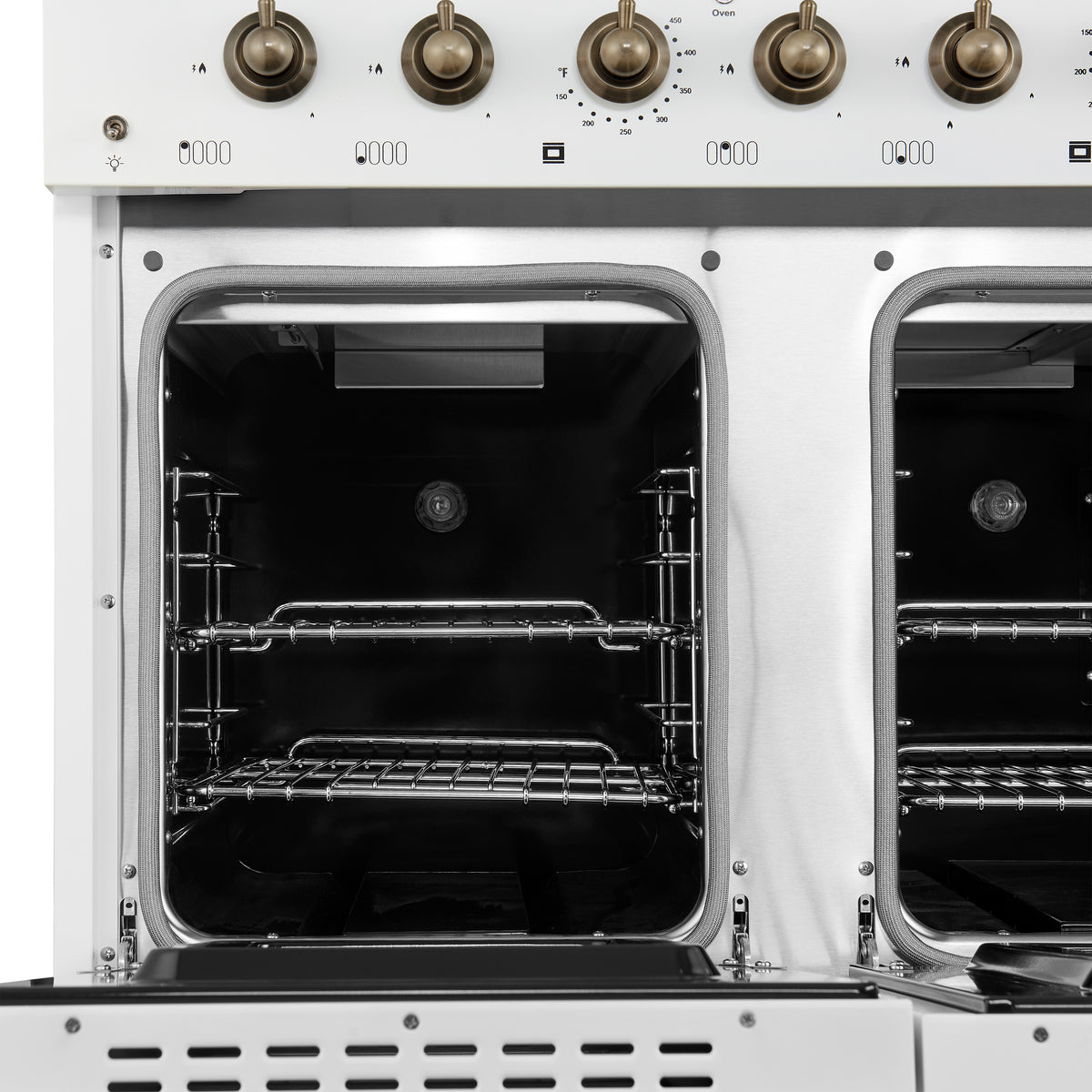 Forno Antico Cuisinière à Gaz Autonome de 48 Pouces, Blanche, Design en Laiton Antique, 8 Brûleurs, Plaque de Cuisson, Fours Doubles, Énergétiquement Efficace