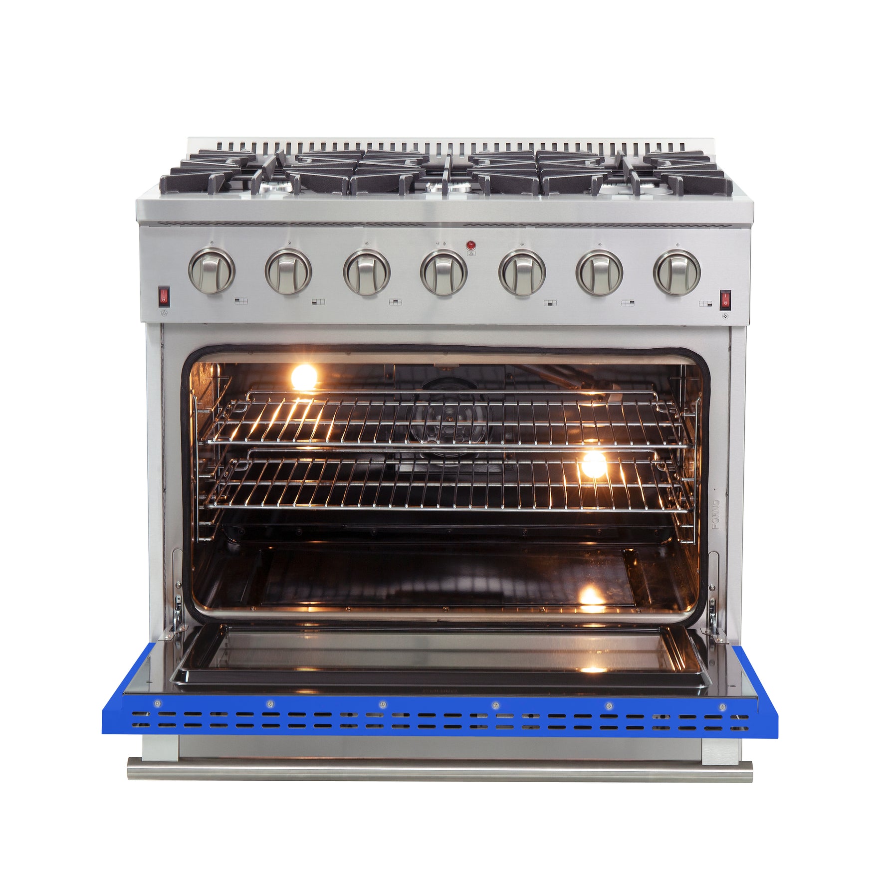 Forno Galiano 36-Inch Freestanding Gas Range, Stainless Steel, 6 Burners, Energy Efficient, Blue Door - BonPrix Électroménagers